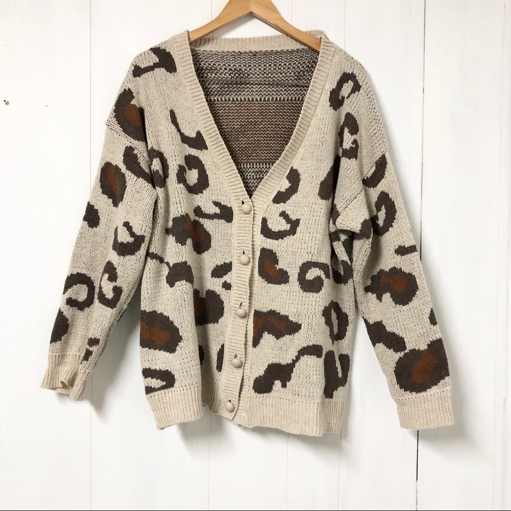 Leopard Print Tan and Brown Knit Cardigan Sweater